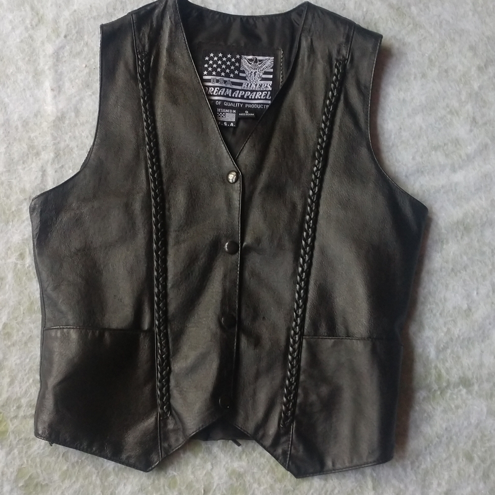 USA Biker Dream Apparel Black Leather Braided Motorcycle Vest